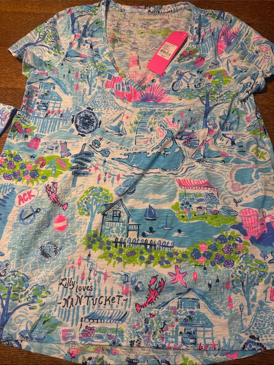 Lilly Pulitzer Tops - Lilly Pulitzer Short Sleeve V-Neck Tee in Blue, Pink & Green Nantucket Print